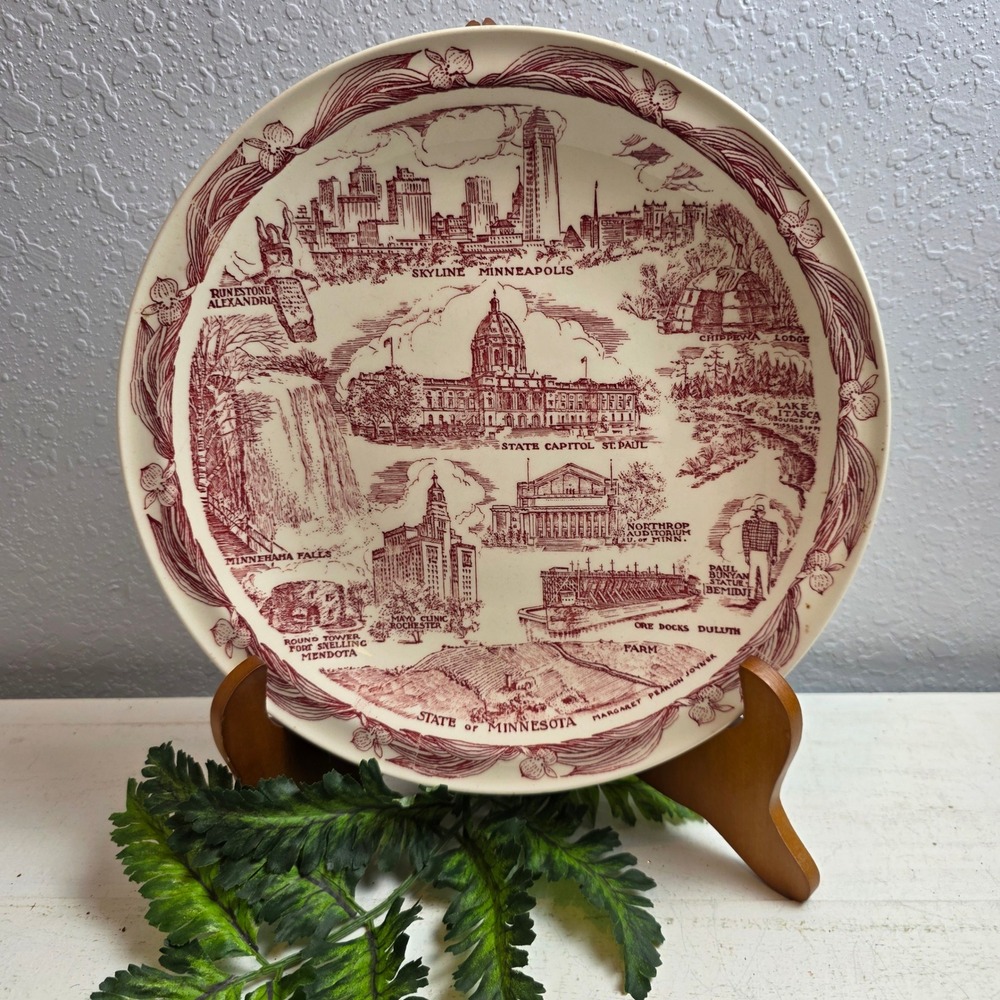 Vintage Vernon Kilns Minnesota Souvenir Plate Maroon Transferware Landmarks USA